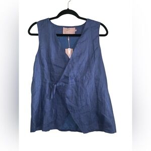 NWT White Closet Denim Blue 100% Linen Wrap Tank Blouse Size‎ 14